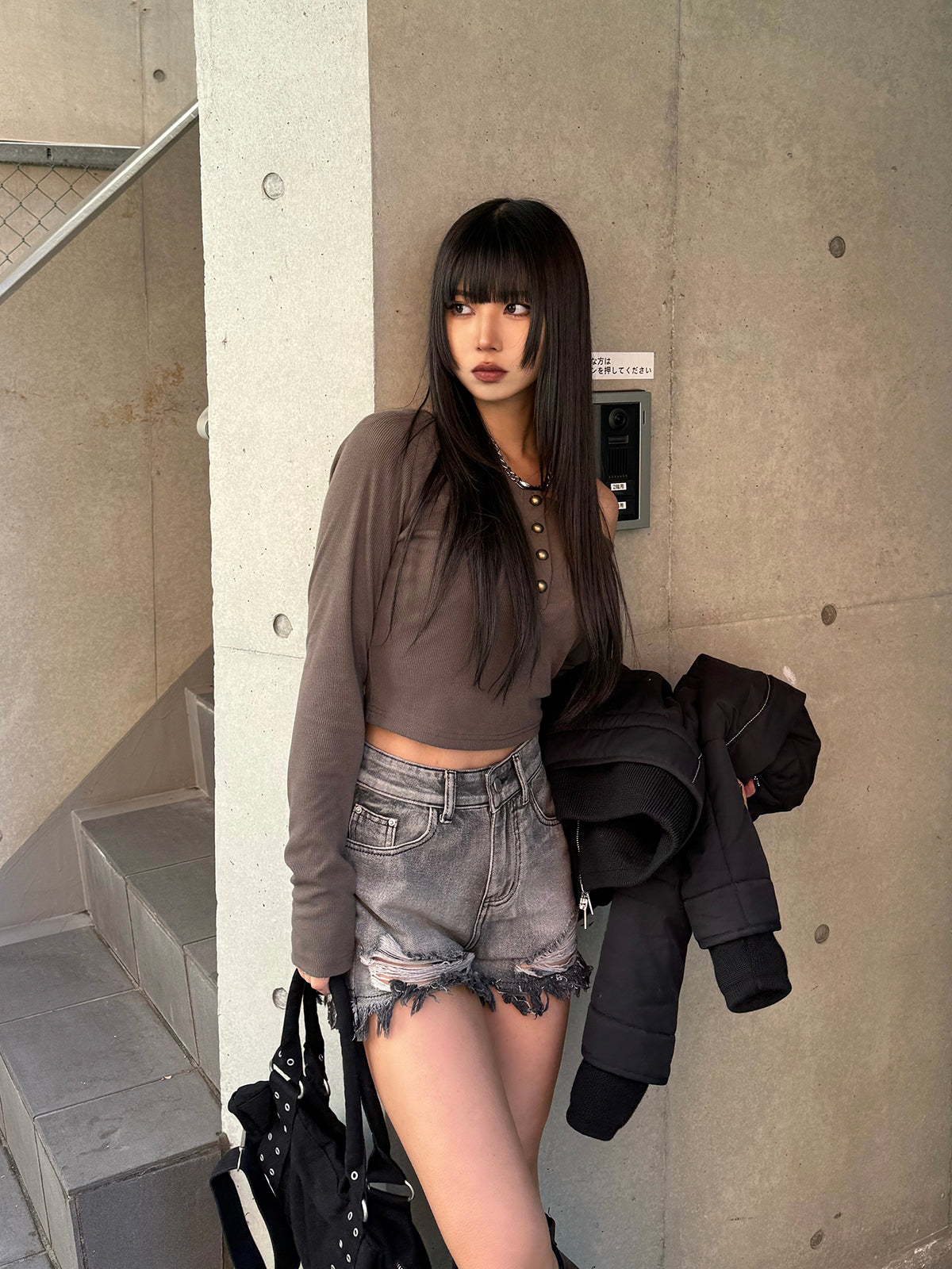 Henry Neck Cropped One-Shoulder Cut and Sew