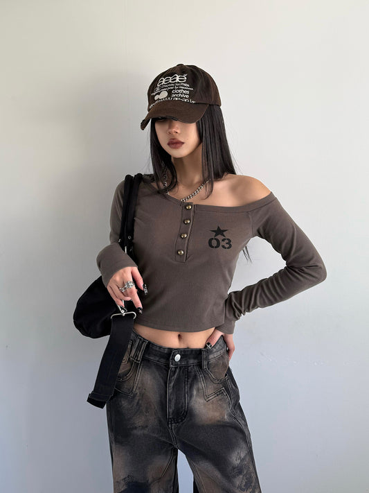 Henry Neck Cropped One-Shoulder Cut and Sew