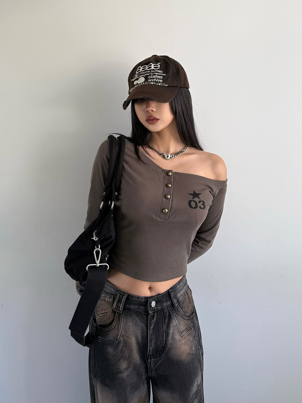 Henry Neck Cropped One-Shoulder Cut and Sew