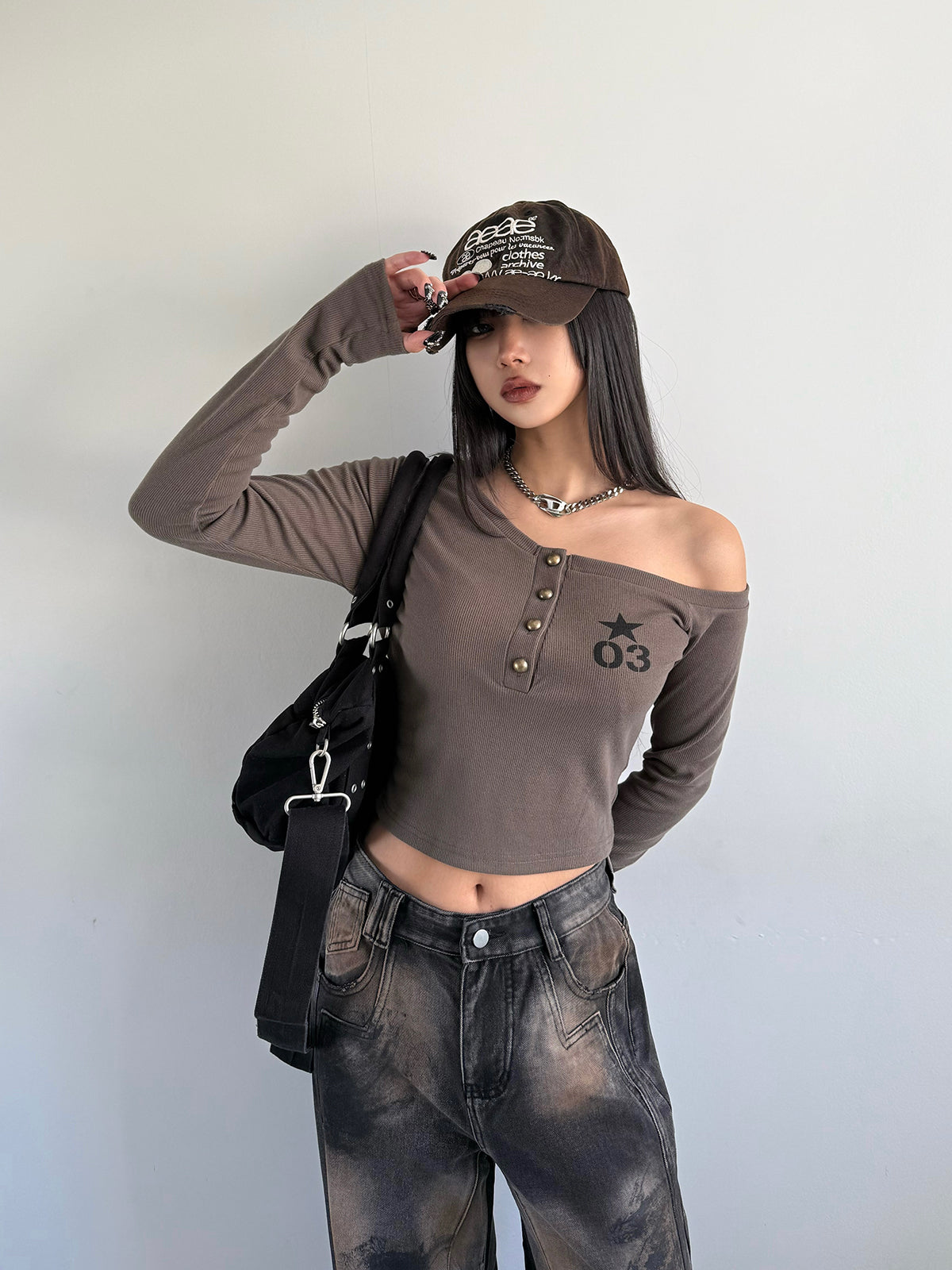Henry Neck Cropped One-Shoulder Cut and Sew