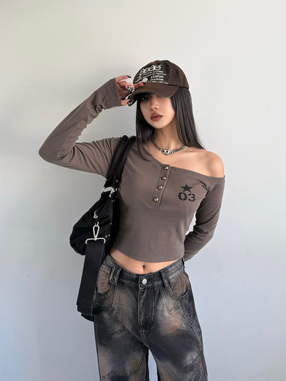 Henry Neck Cropped One-Shoulder Cut and Sew