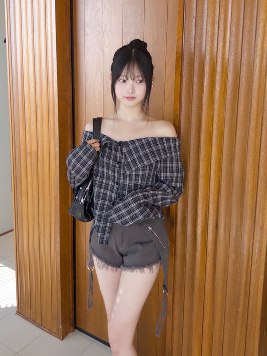 サイドストラップジップデニムショートパンツ