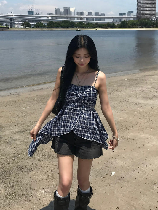 チェックリボンアシメキャミチュニック