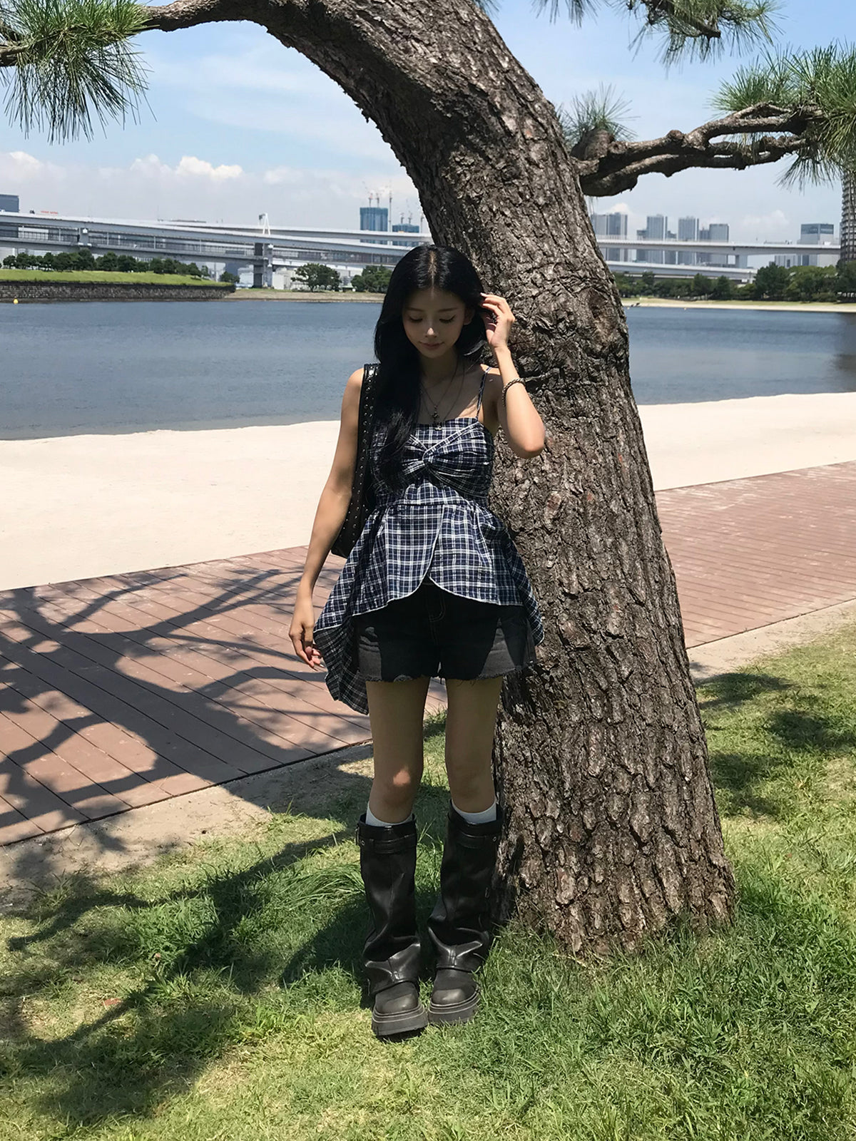 チェックリボンアシメキャミチュニック