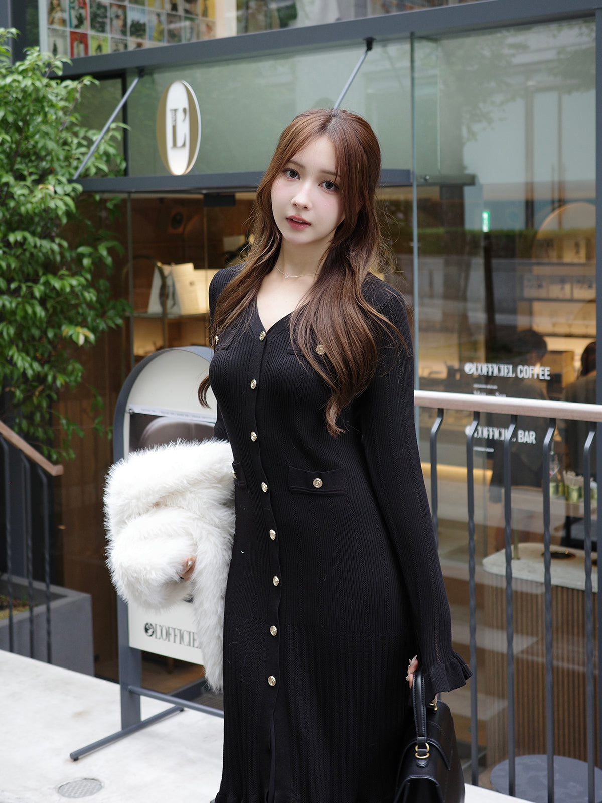 ゴールドボタンリブニットワンピース