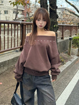 スタッズオフショルスウェット - ブラウン