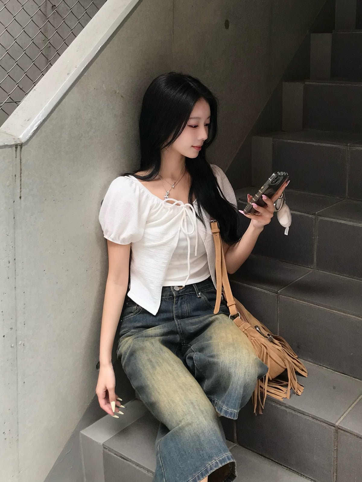 パフスリーブワッフルTシャツ