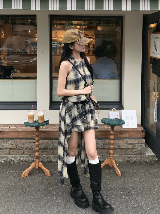 ホルターチェックテールカットワンピース