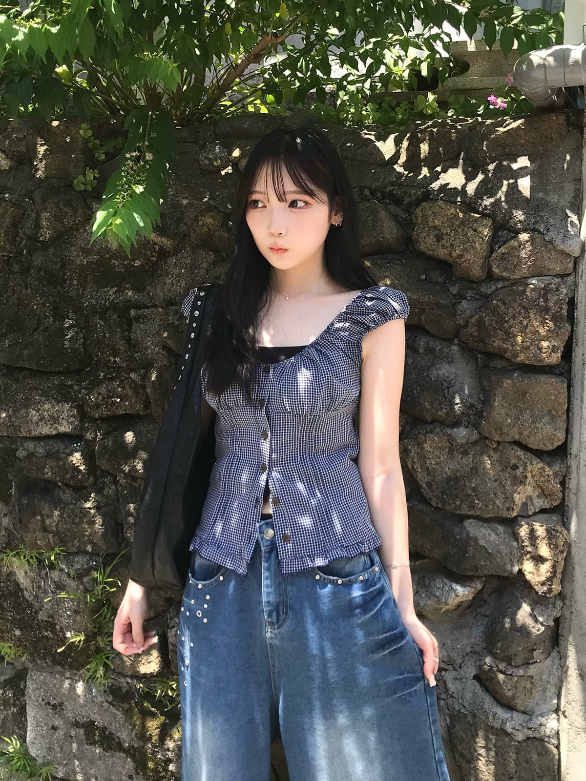 レトロチェックパフブラウス