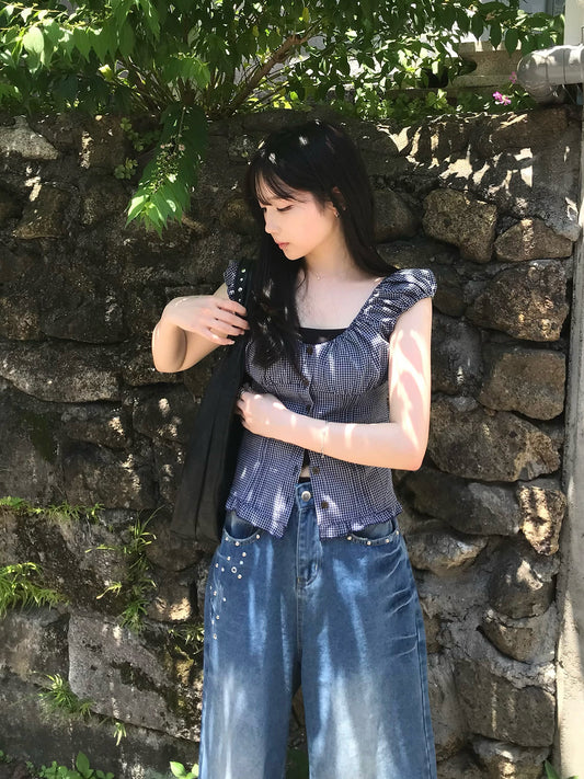 レトロチェックパフブラウス