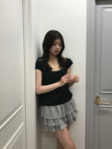 リボンパフフレアブラウス - ブラック