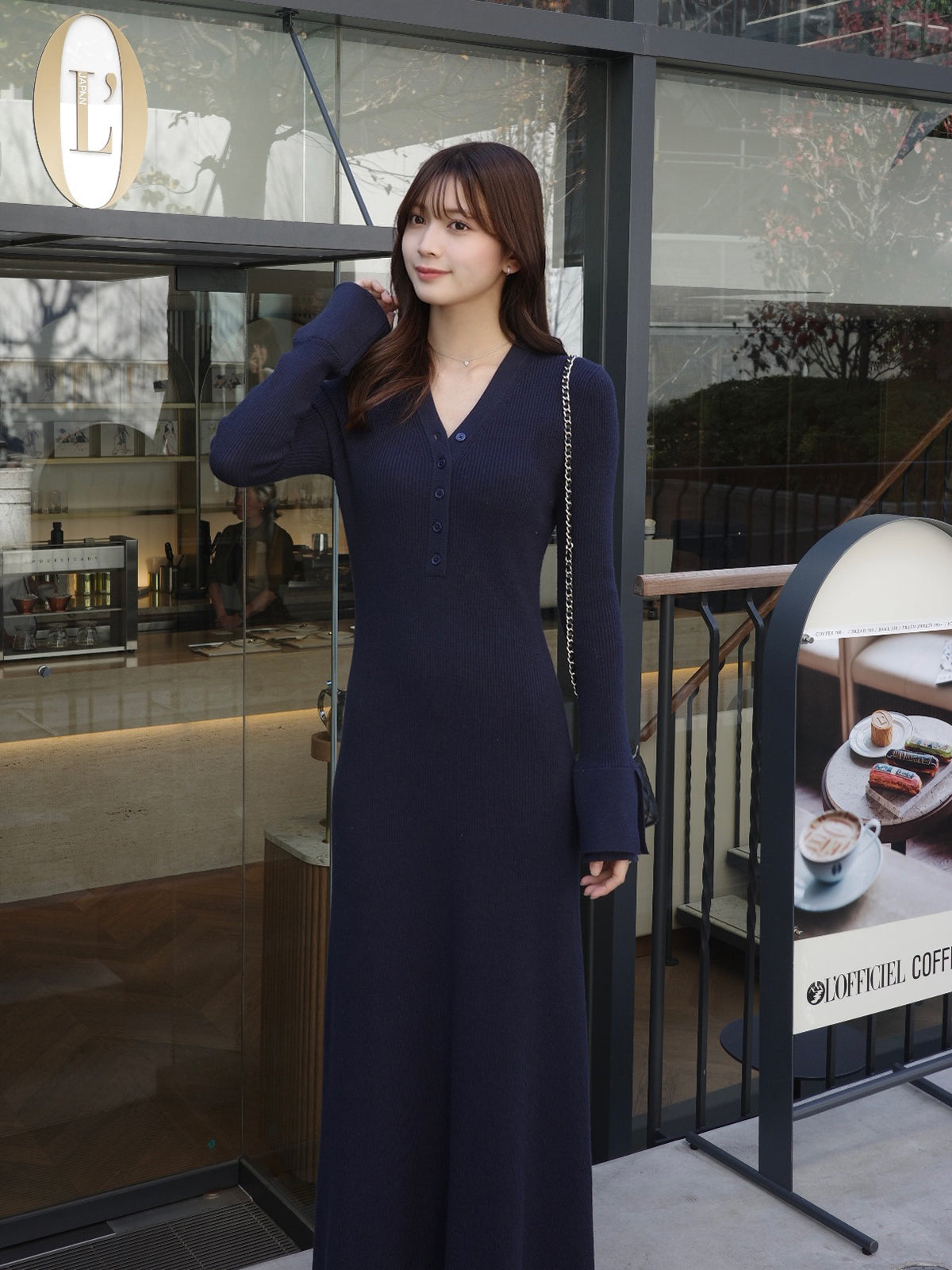 フロントボタンフレアニットワンピース