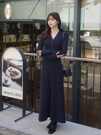 フロントボタンフレアニットワンピース