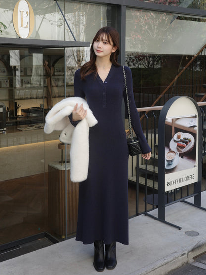 フロントボタンフレアニットワンピース