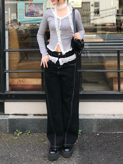 ドッキングレースフリルデニムパンツ