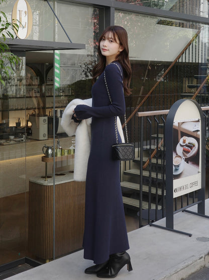 フロントボタンフレアニットワンピース