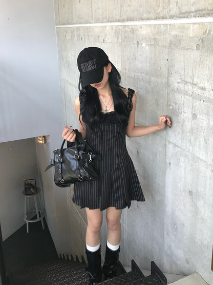 レースストライププリーツミニワンピース