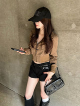 コンパクトジップショートジャケット - ブラウン