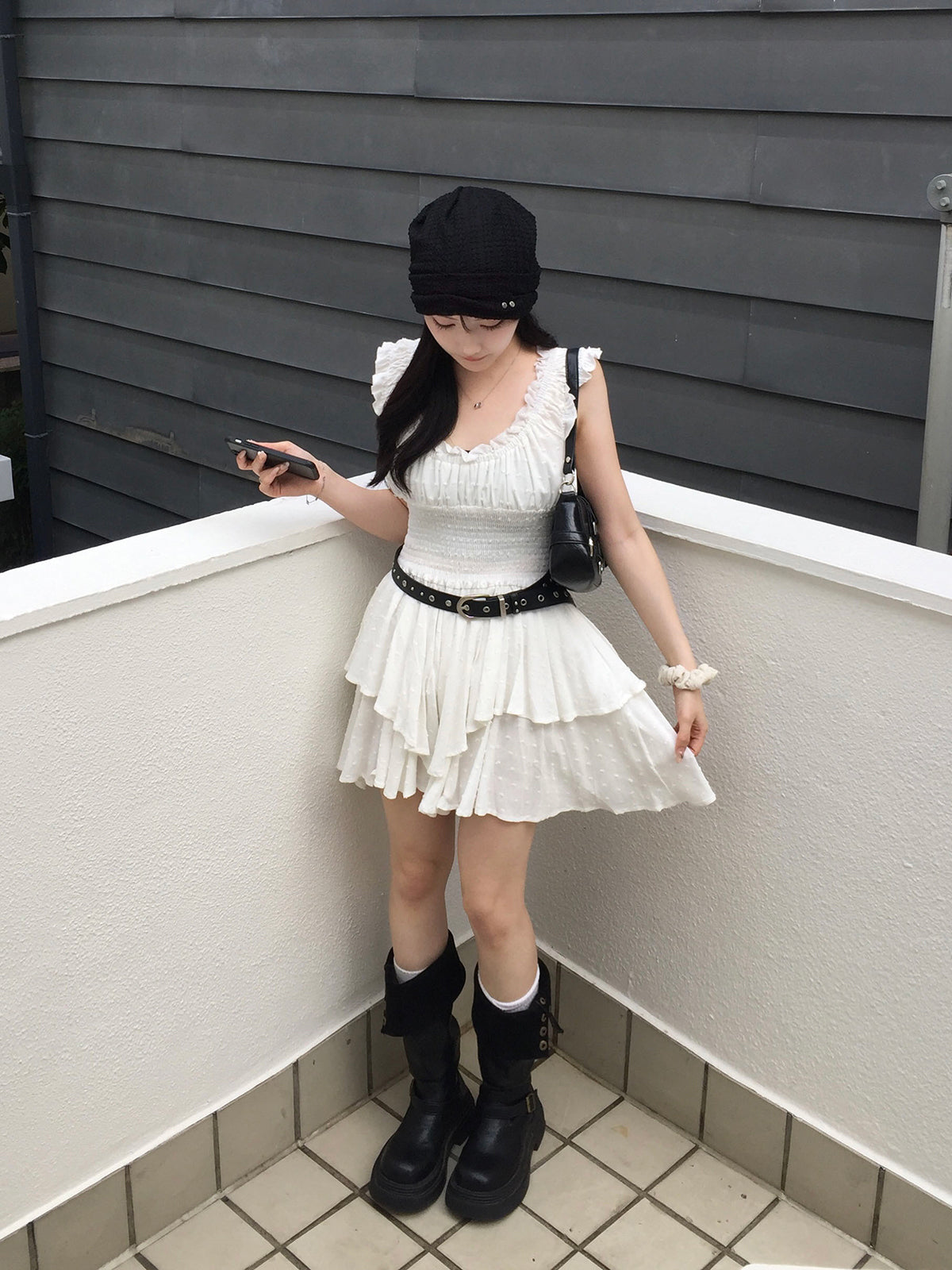 ティアードフリルドットミニワンピース