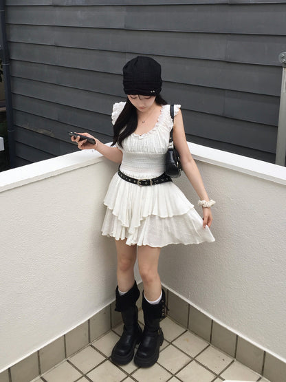 ティアードフリルドットミニワンピース