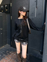 レースクロスロングスリーブTシャツ - ブラック