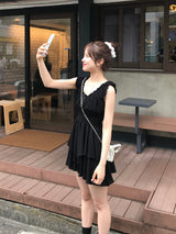 ティアードフリルドットミニワンピース - ブラック