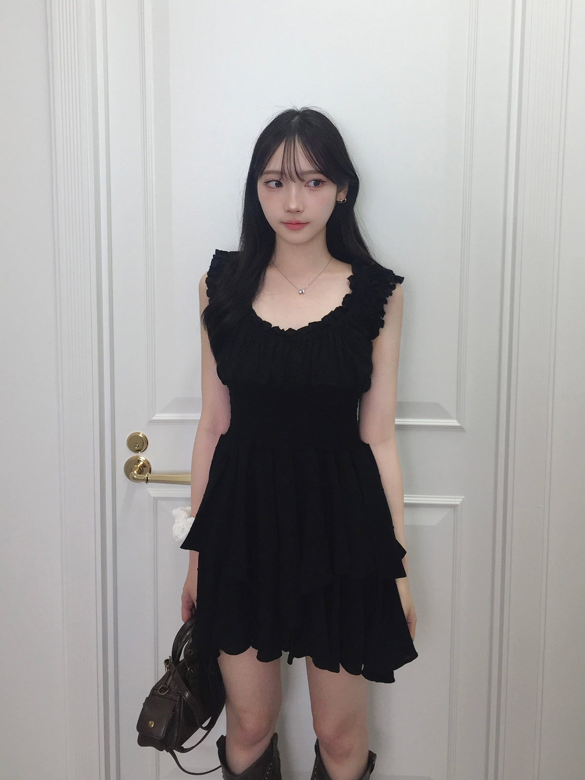 ティアードフリルドットミニワンピース