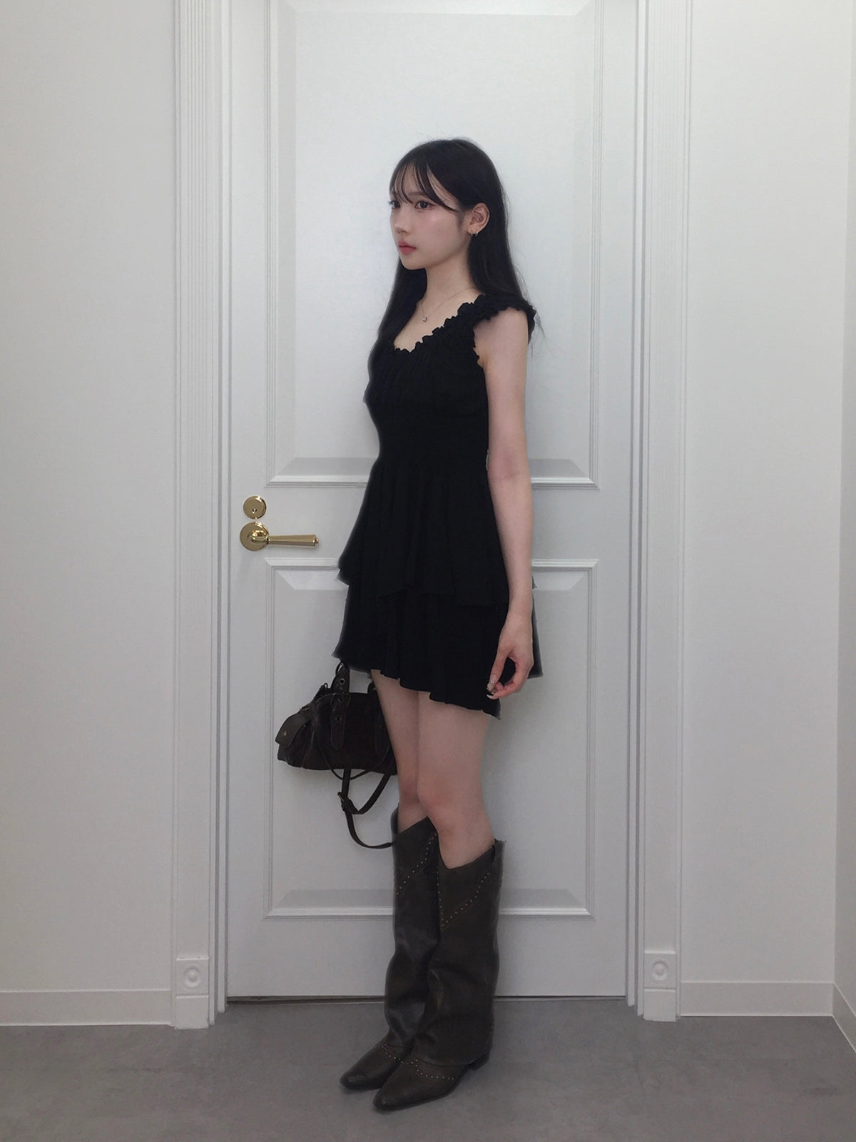 ティアードフリルドットミニワンピース