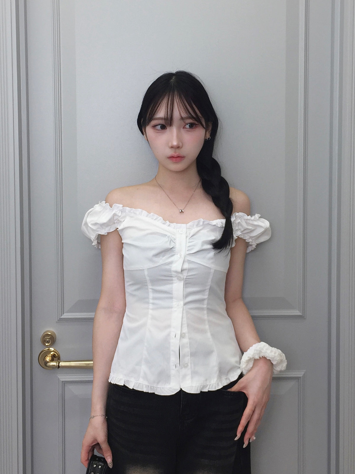 ストライプシャーリングフリルブラウス