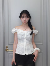 ストライプシャーリングフリルブラウス - ホワイト