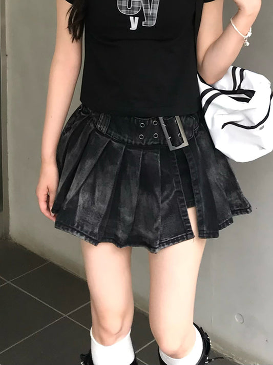 レイヤードプリーツデニムミニスカパン