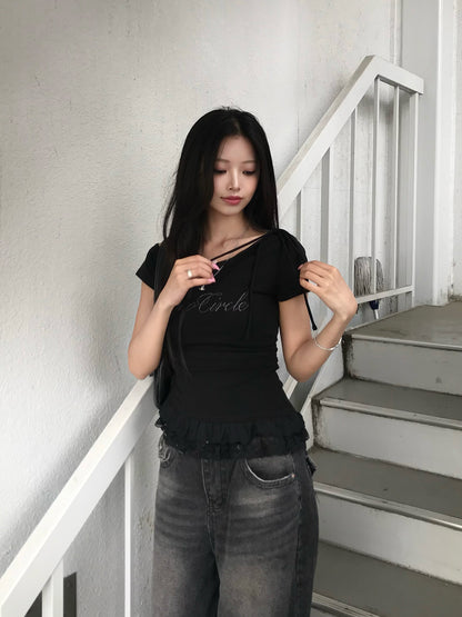リボンストラップレースTシャツ