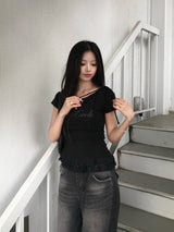 リボンストラップレースTシャツ - ブラック