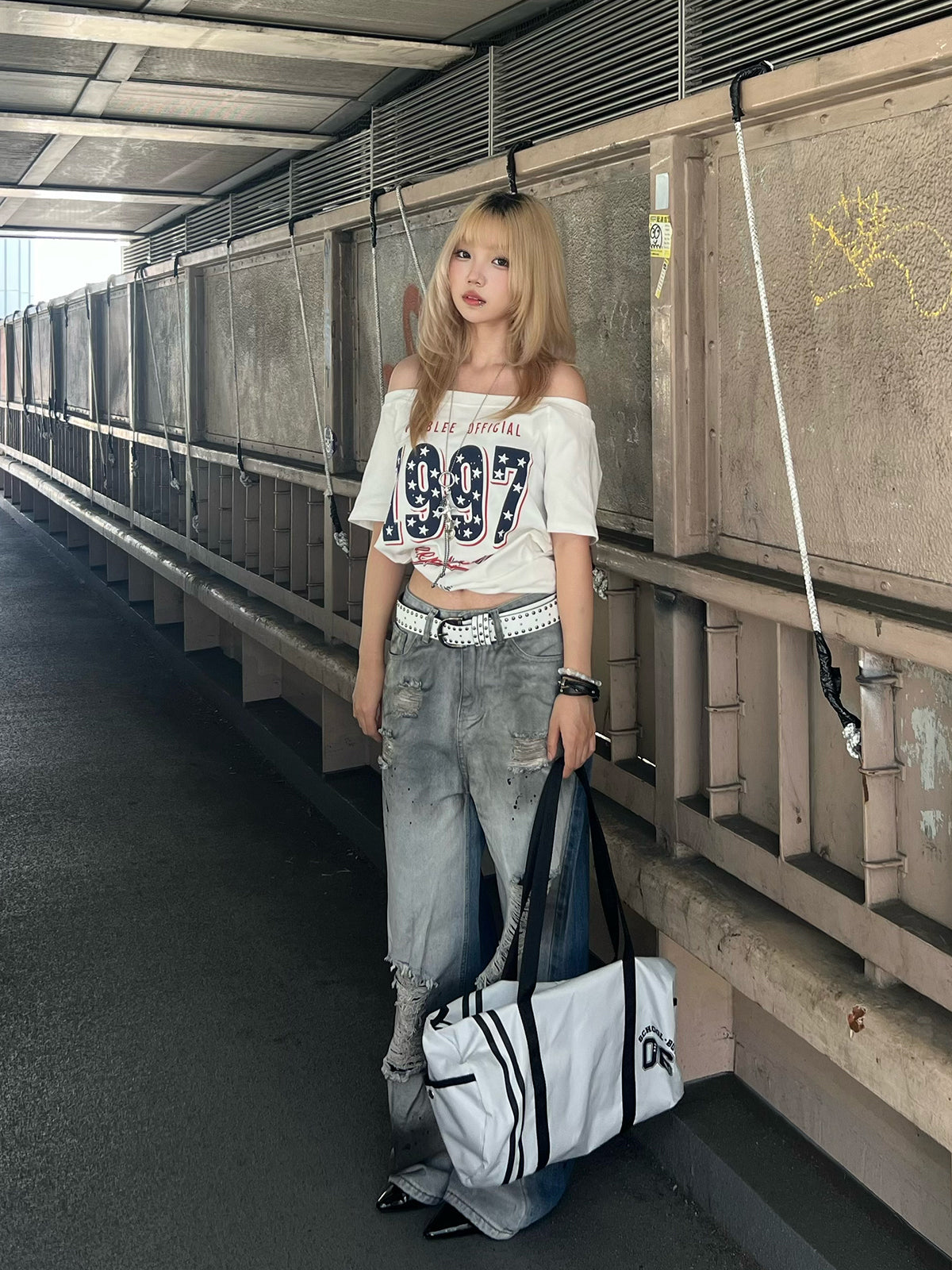 ツートーンクラッシュワイドデニムパンツ