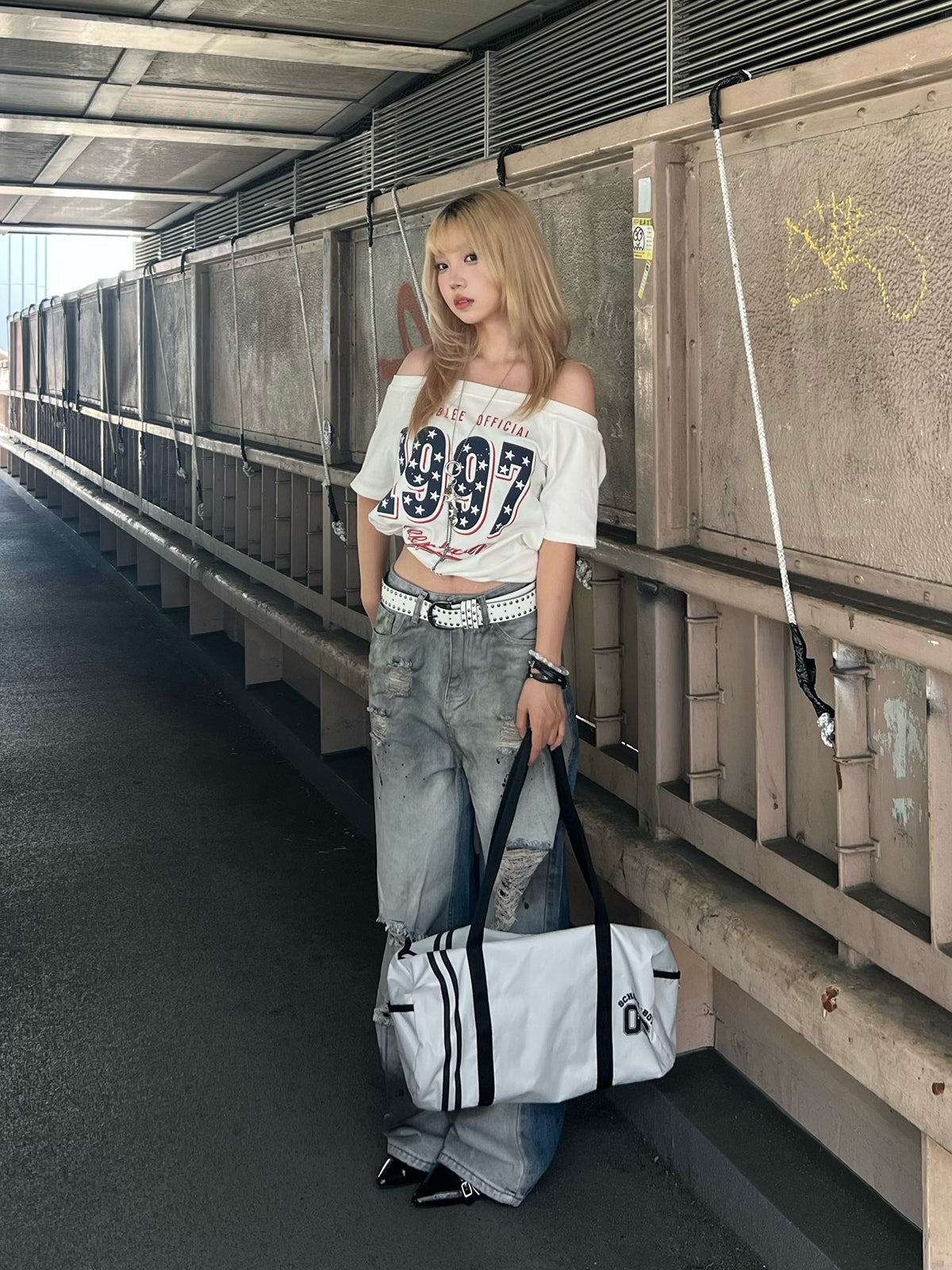 ツートーンクラッシュワイドデニムパンツ