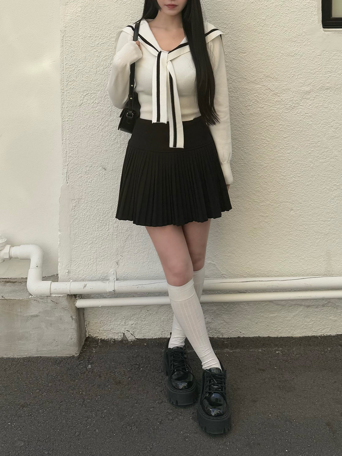 Sailor collar tie neck knit