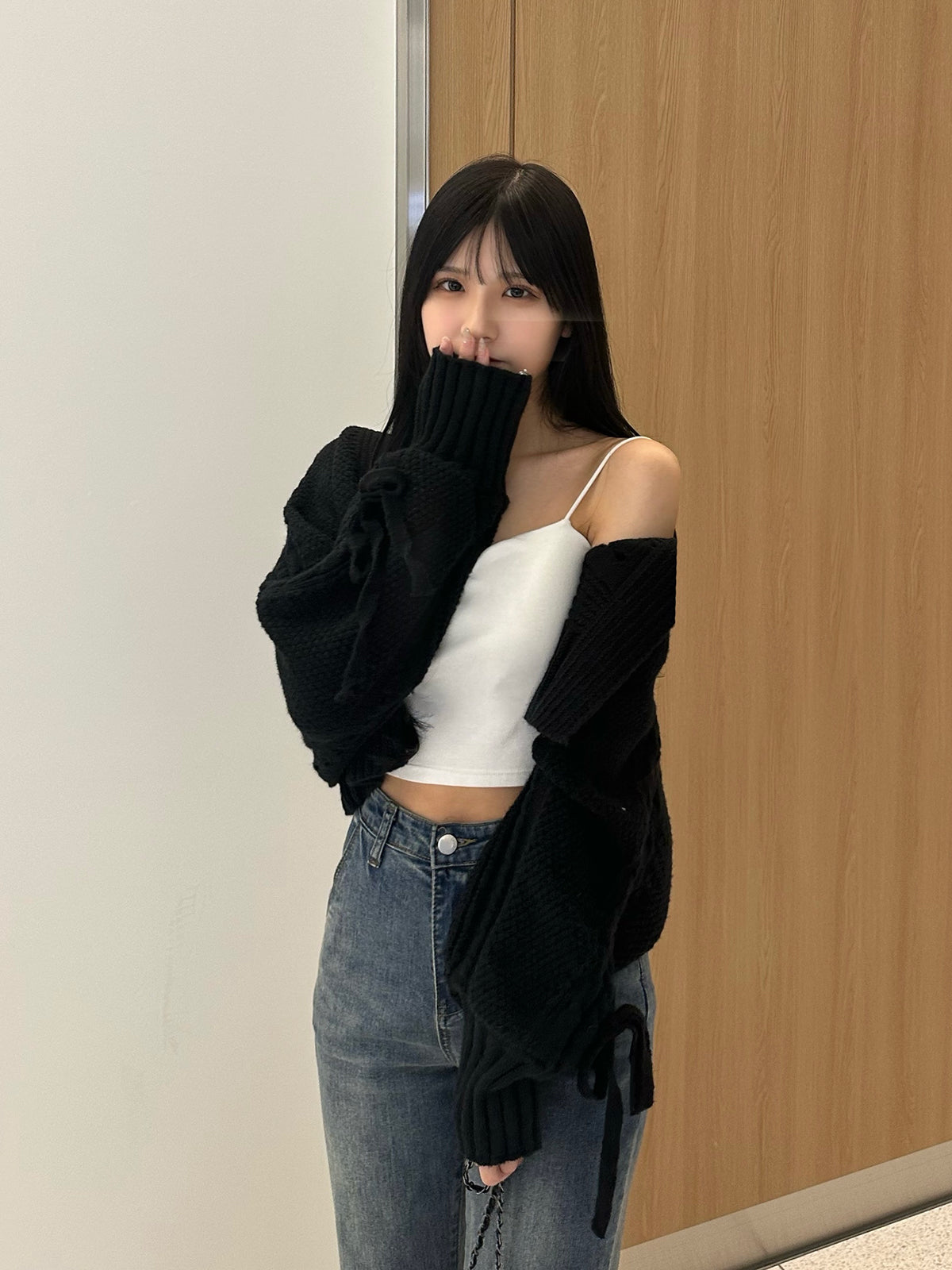 Ribbon Sleeve Knit Cardigan