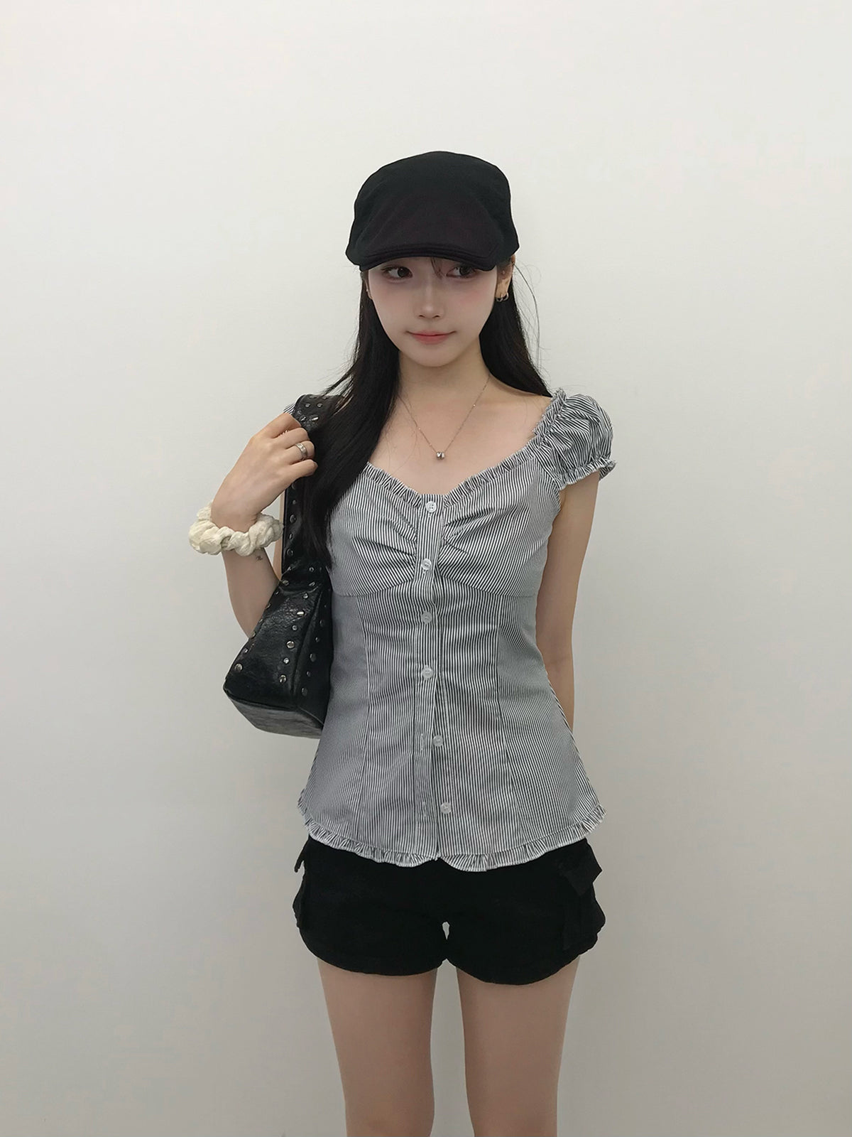 ストライプシャーリングフリルブラウス