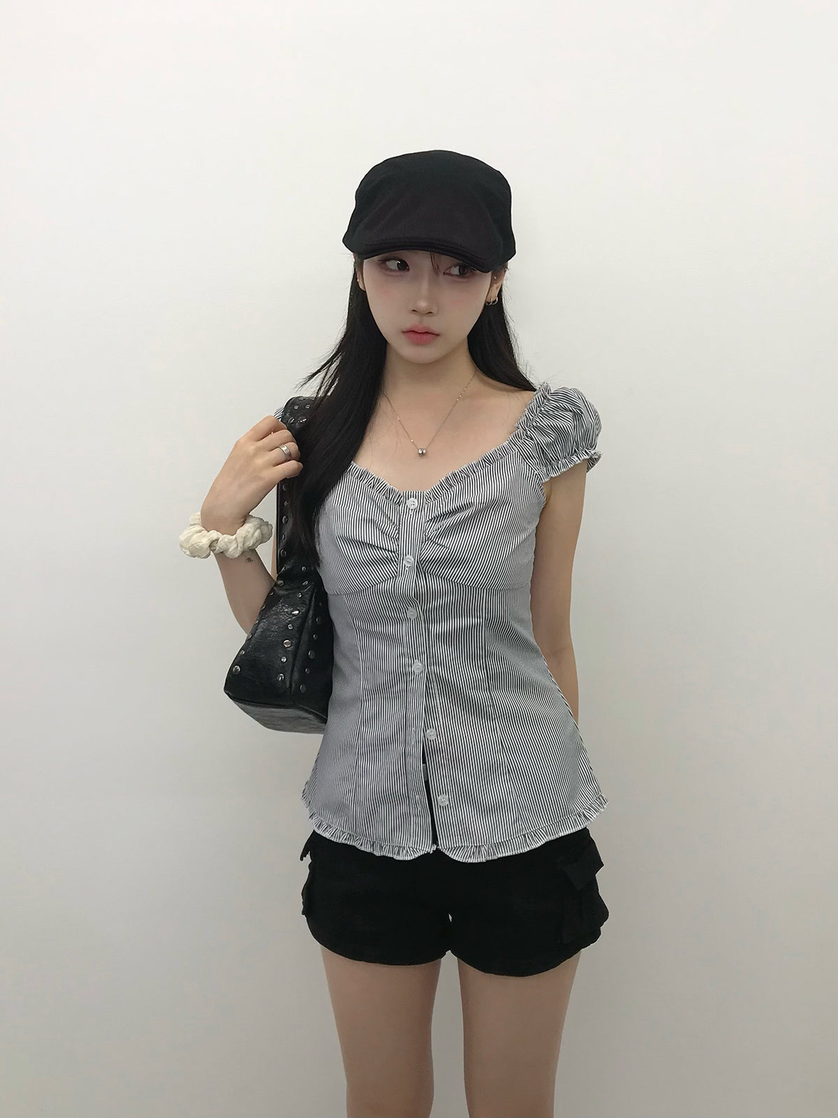 ストライプシャーリングフリルブラウス