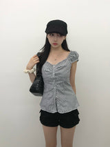 ストライプシャーリングフリルブラウス - グレー