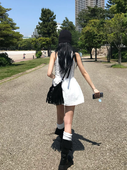 レースアップフレアミニワンピース
