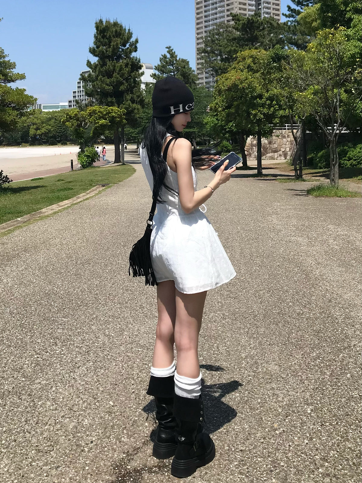 レースアップフレアミニワンピース