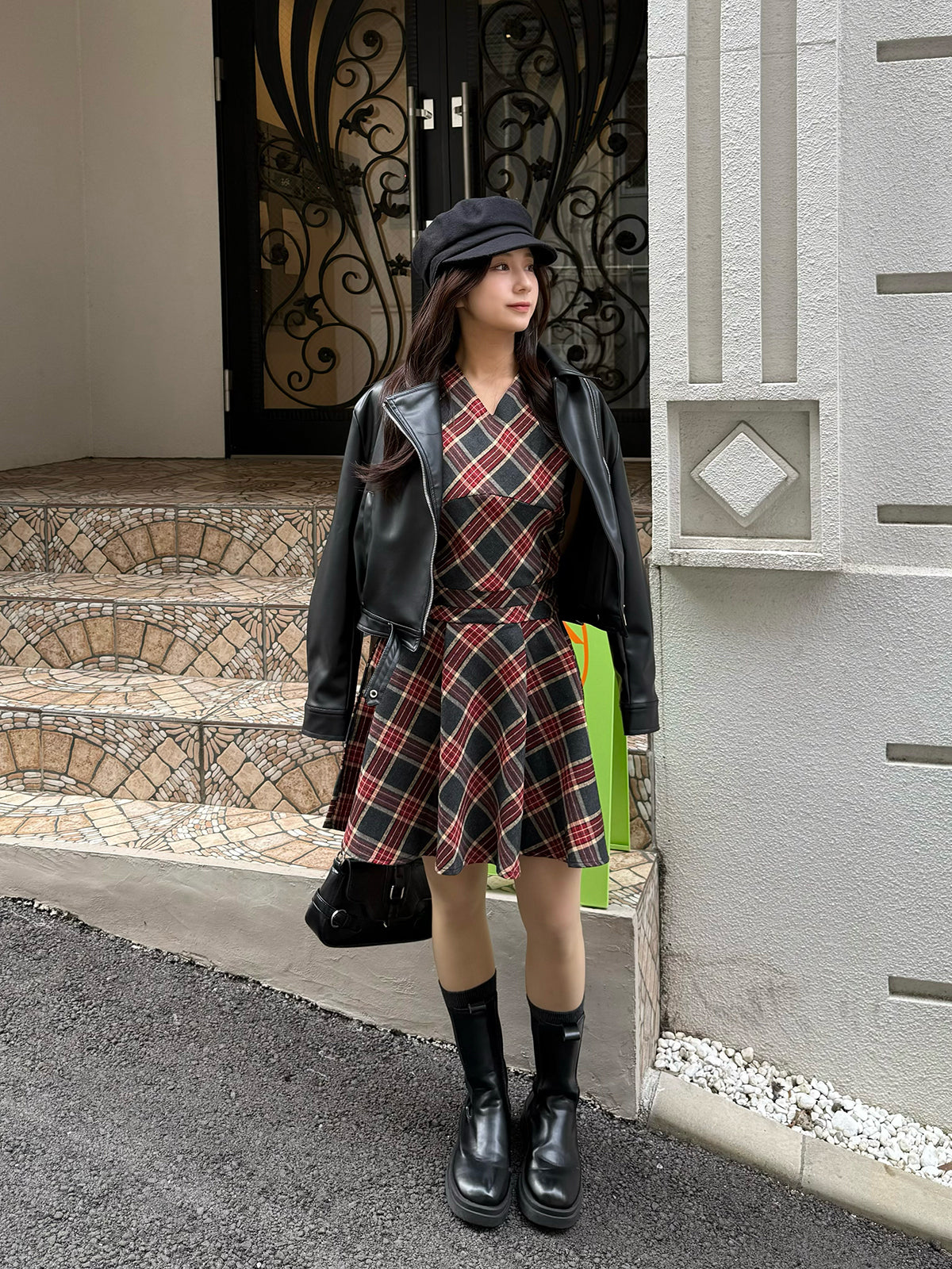 Back Ribbon Check Mini Dress