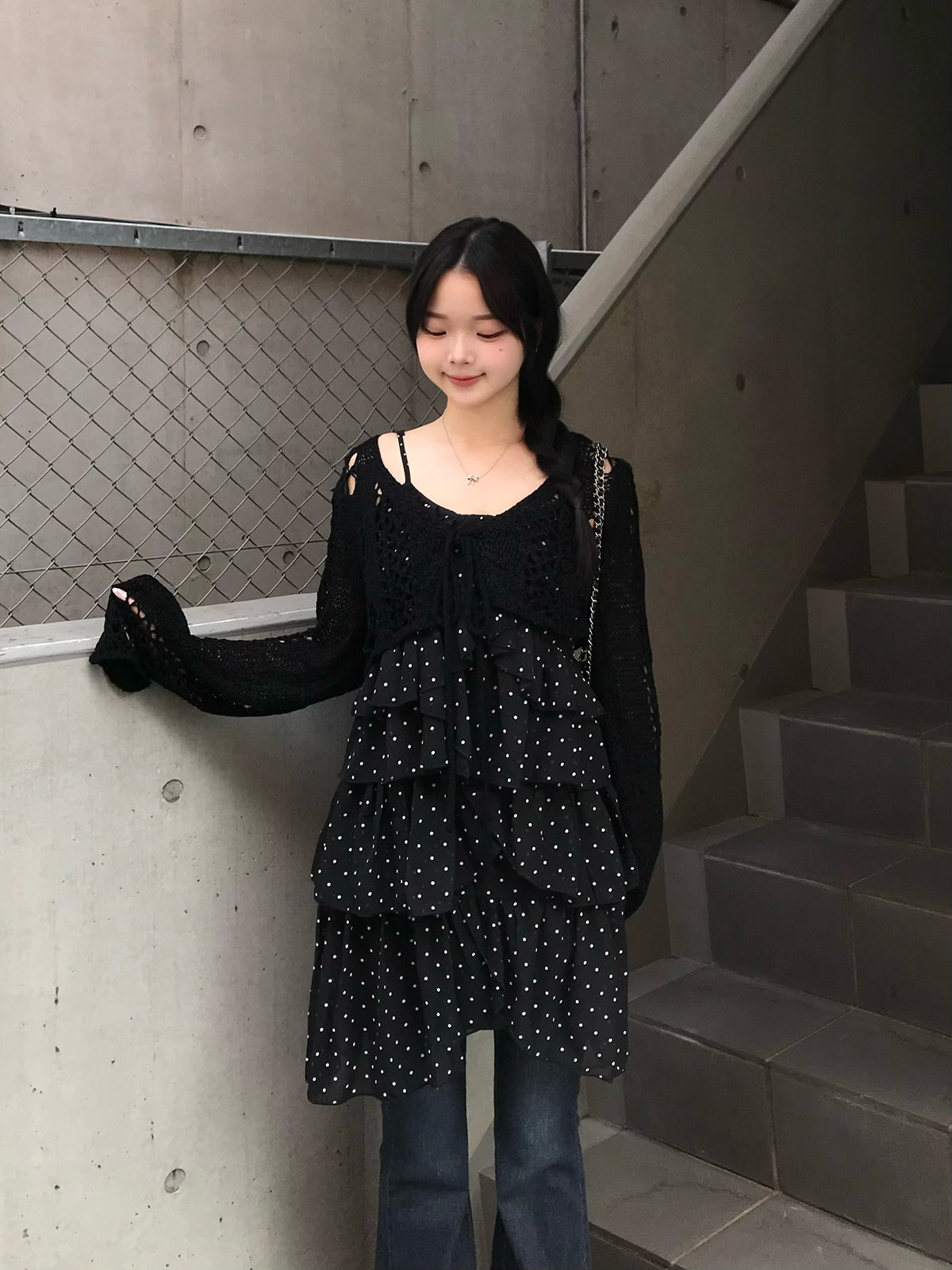 雪紡點點層疊吊帶連衣裙
