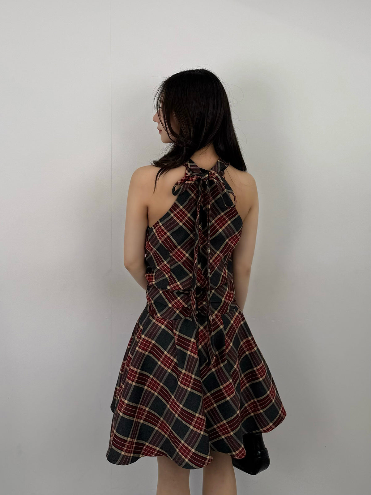 Back Ribbon Check Mini Dress