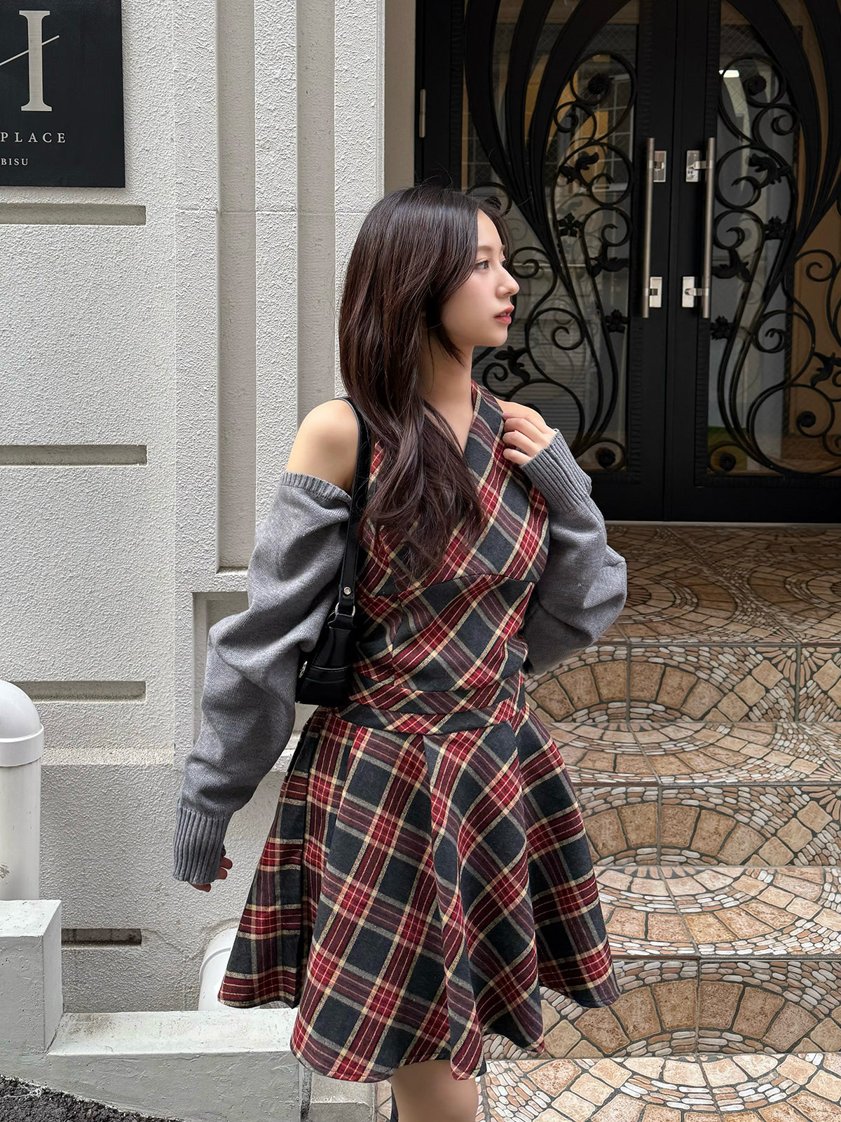 Back Ribbon Check Mini Dress