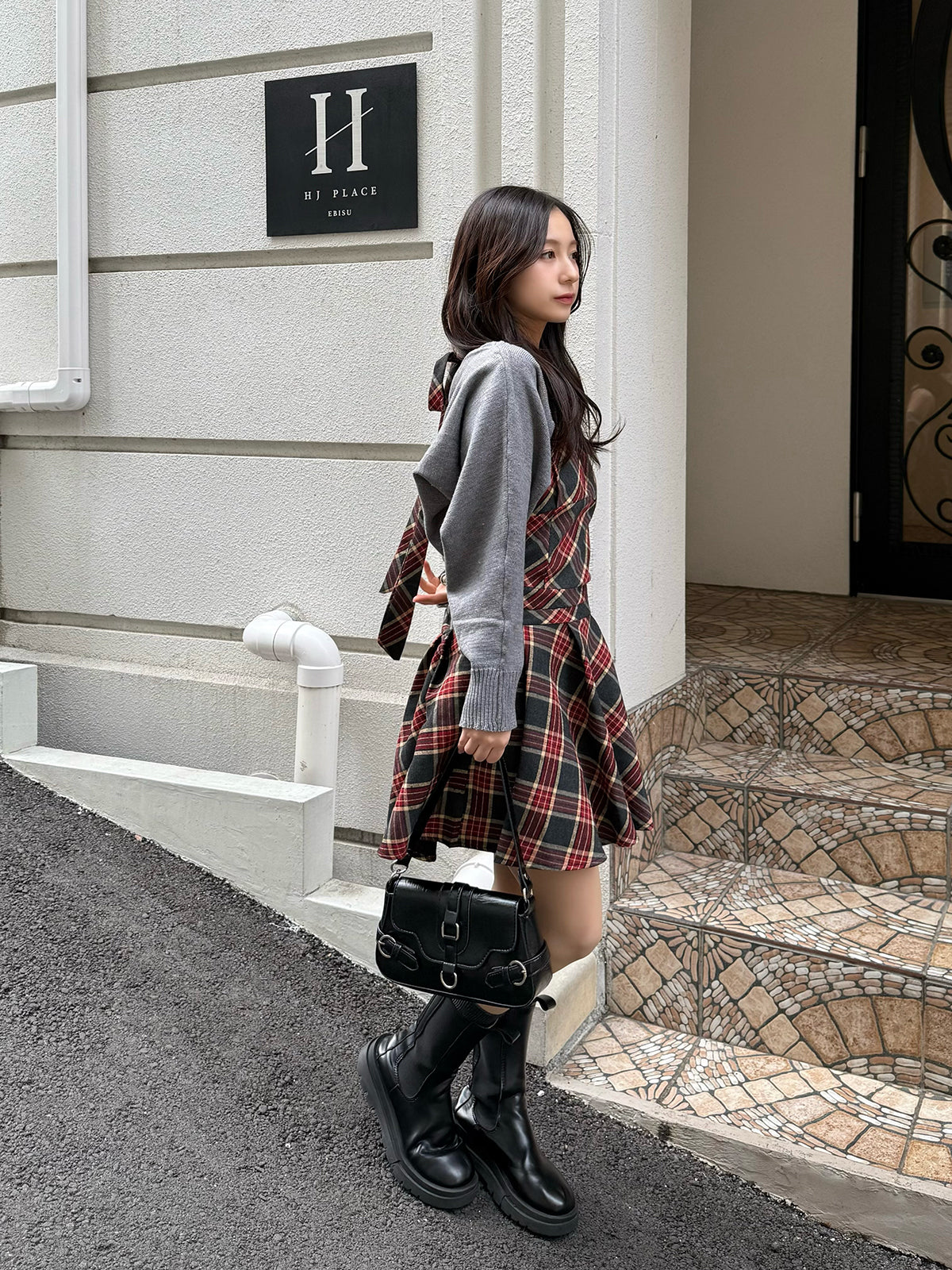 Back Ribbon Check Mini Dress