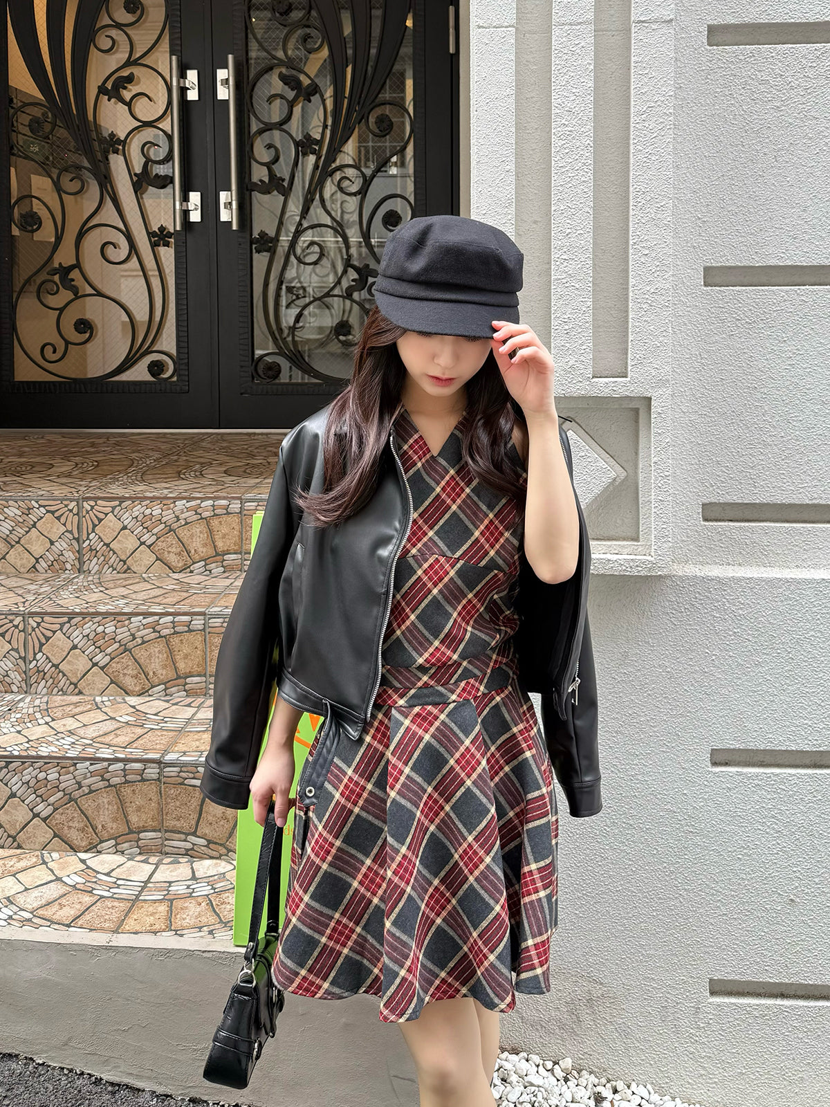 Back Ribbon Check Mini Dress