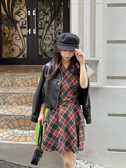 Back Ribbon Check Mini Dress
