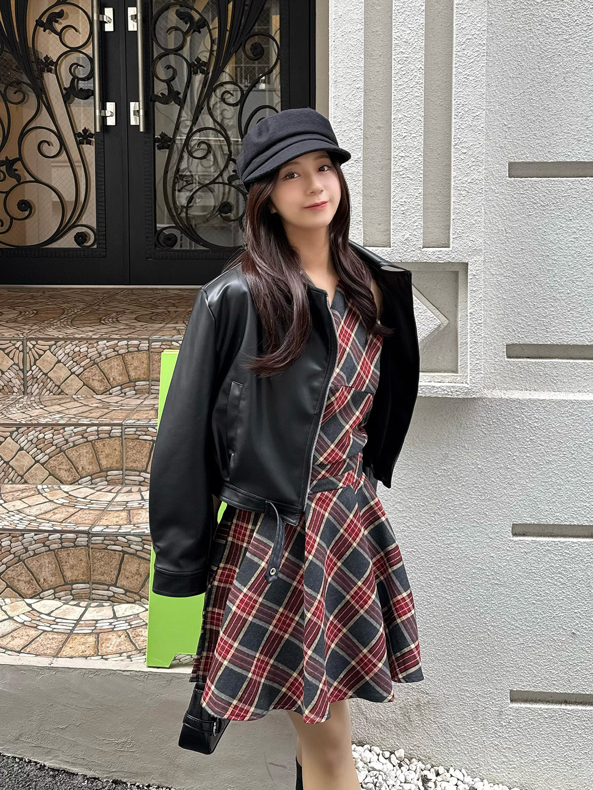 Back Ribbon Check Mini Dress